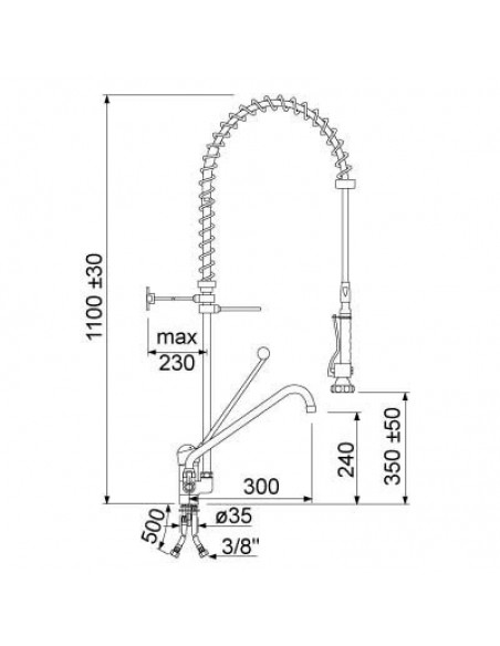 Pre-rinse unit with single lever monobloc tap long lever spout length 300mm connection 3/8"